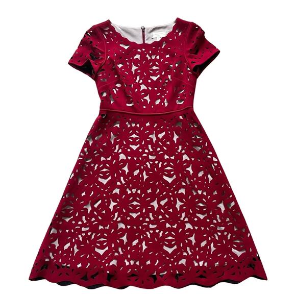 Moulinette Soeurs Red Laser Cut Floral Midi Dress - Size 4 - Picture 2 of 15